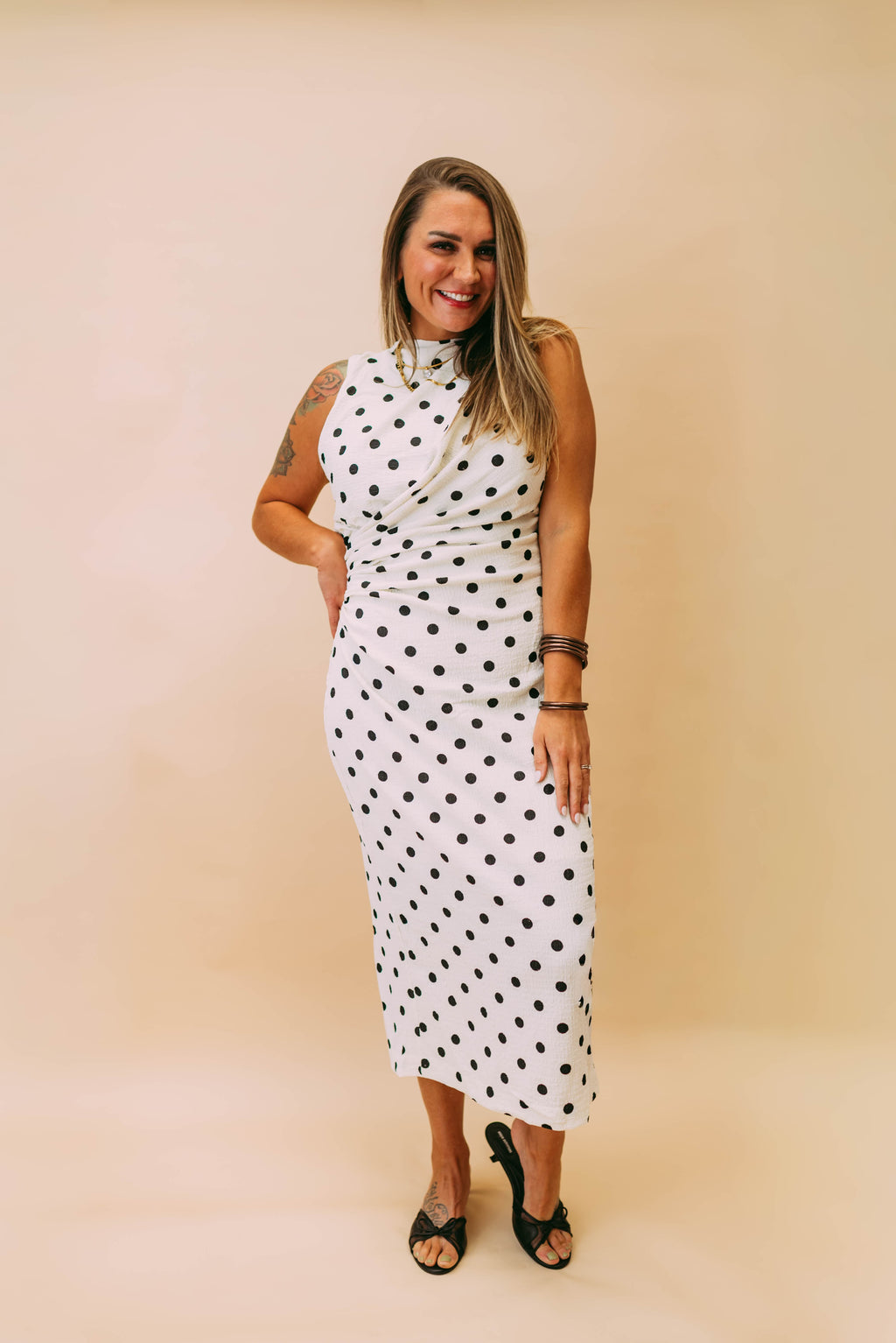 polka dot ruched midi dress