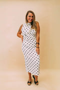 polka dot ruched midi dress