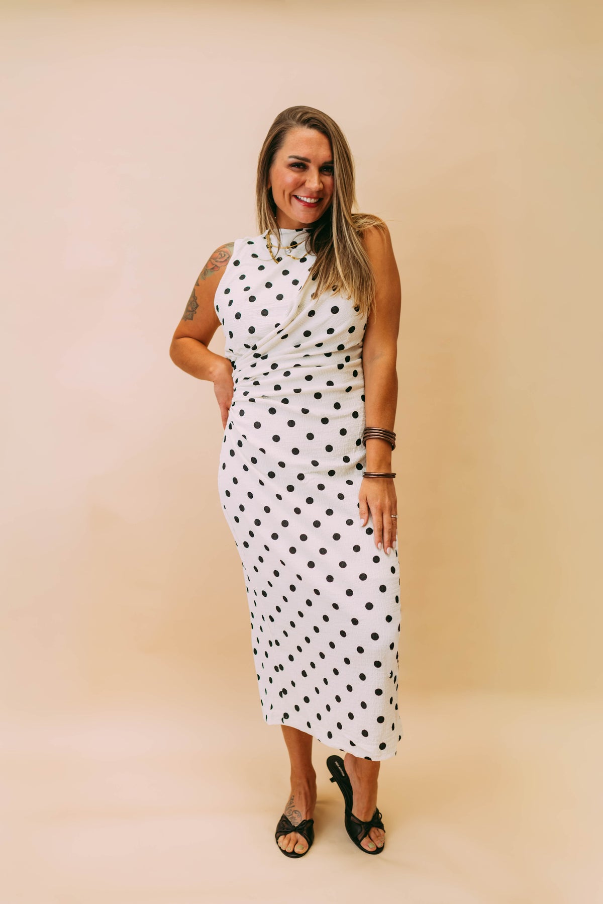 polka dot ruched midi dress