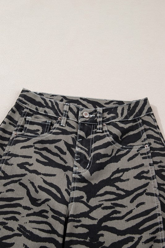 gray zebra denim flares