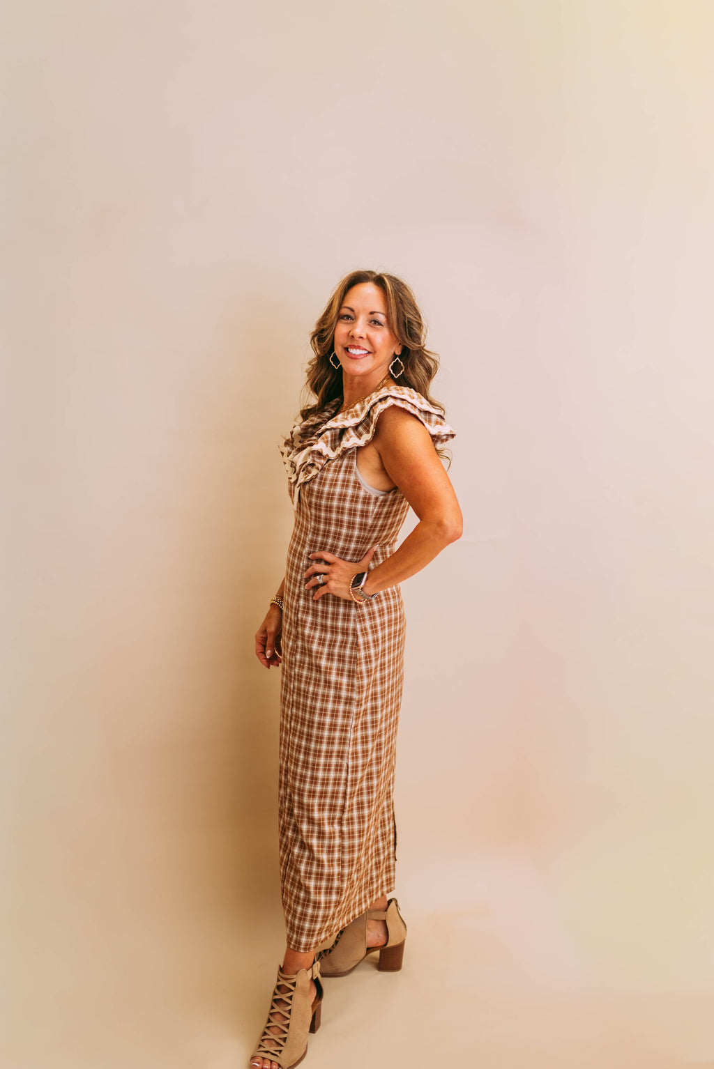 autumn harvest ruffled plaid body slimming slit midi dress