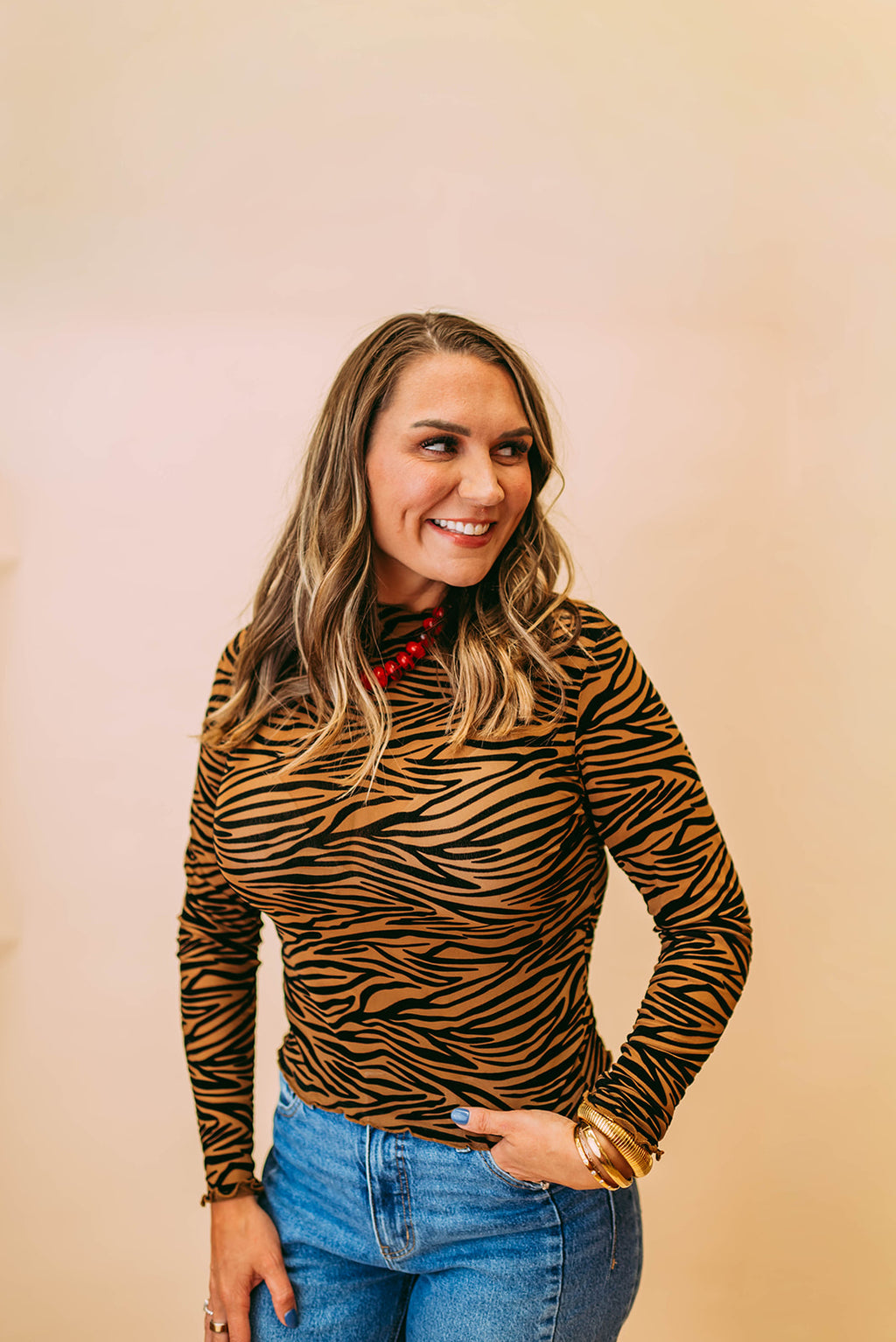 zebra print longsleeve mesh mockneck top