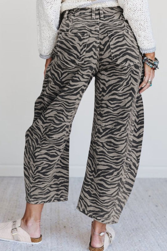 gray zebra denim flares