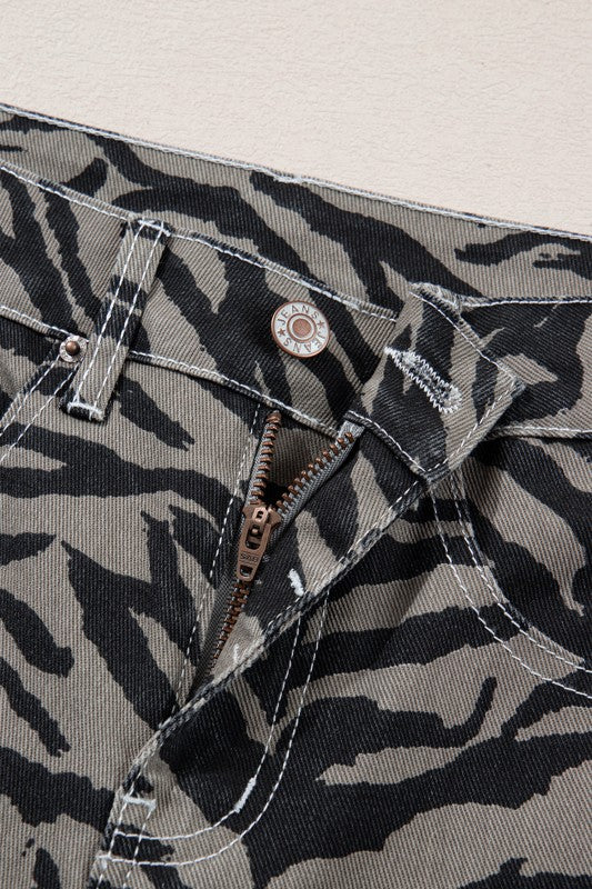 gray zebra denim flares