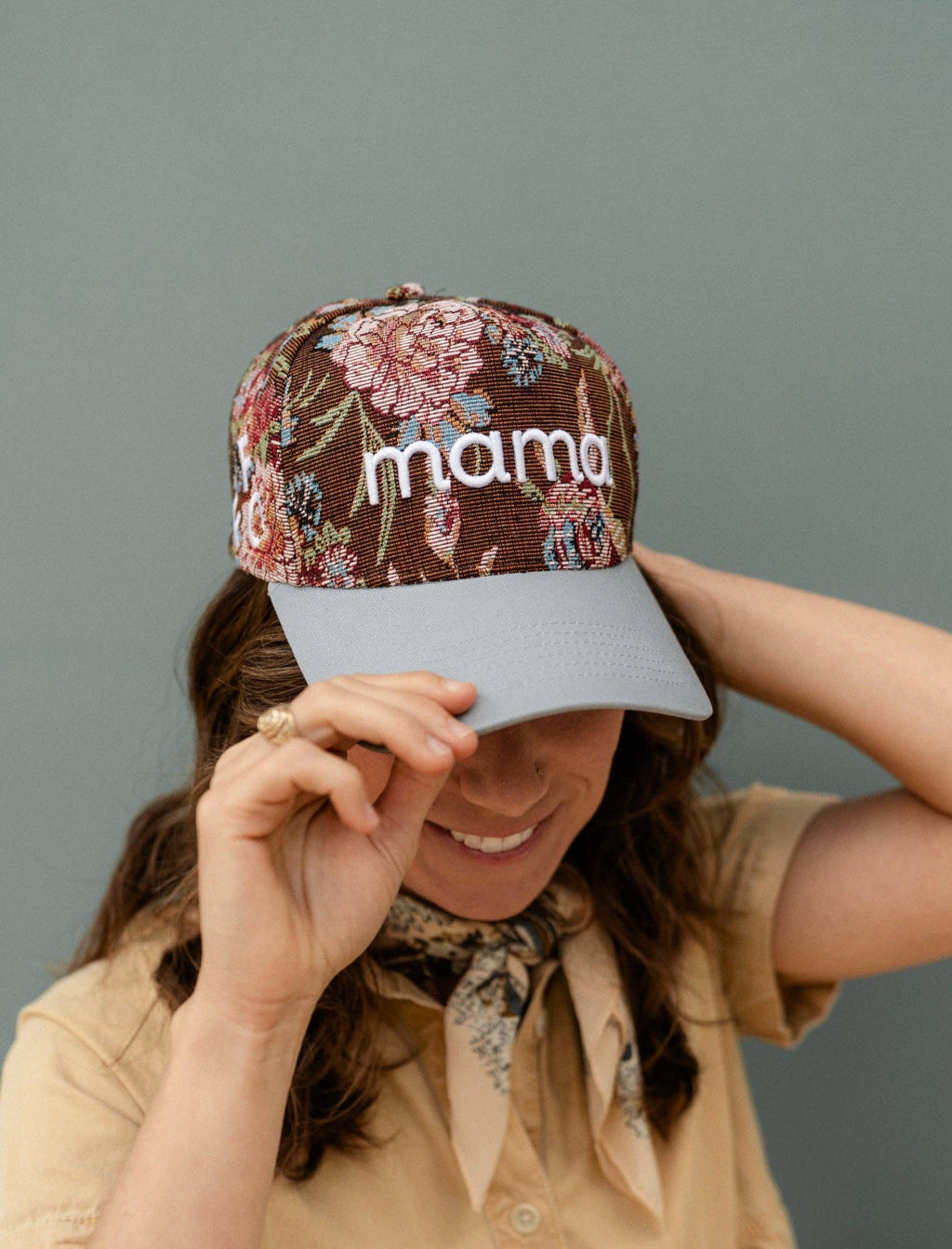 mama brown floral trucker