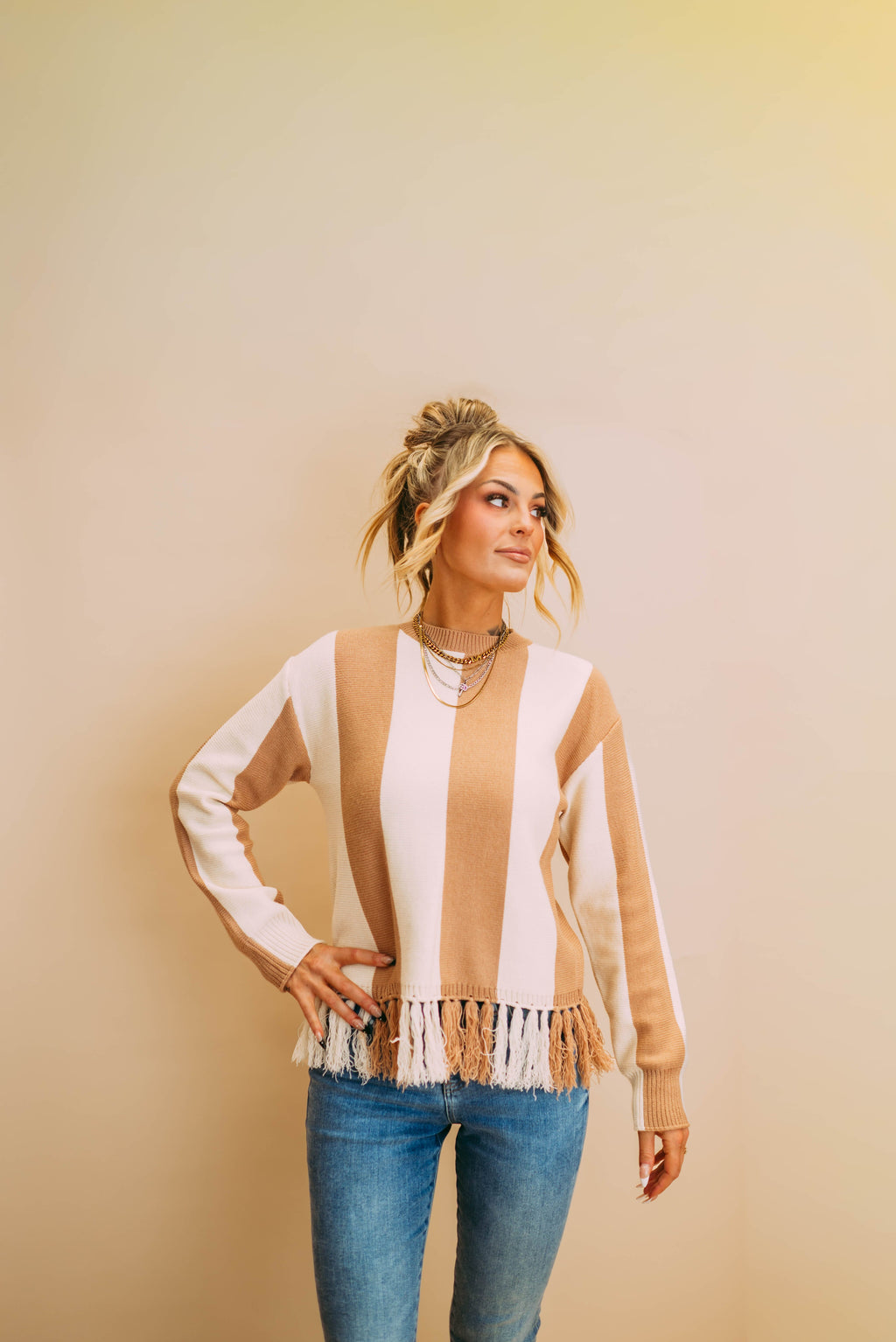 colorblock stripe fringe hem knit sweater