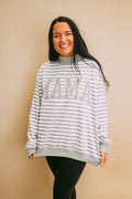 mama embroidered appliqué striped mockneck