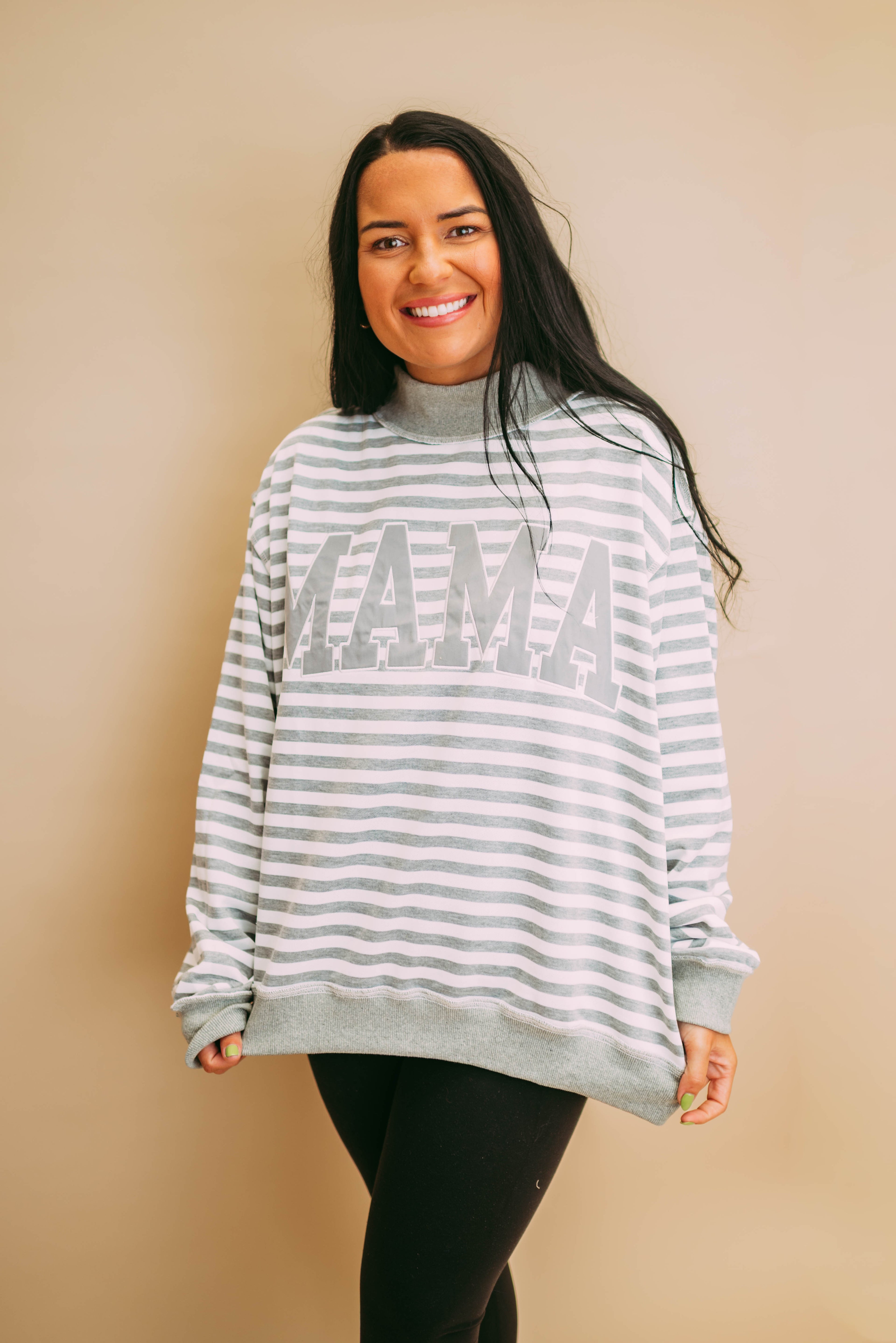 mama embroidered appliqué striped mockneck