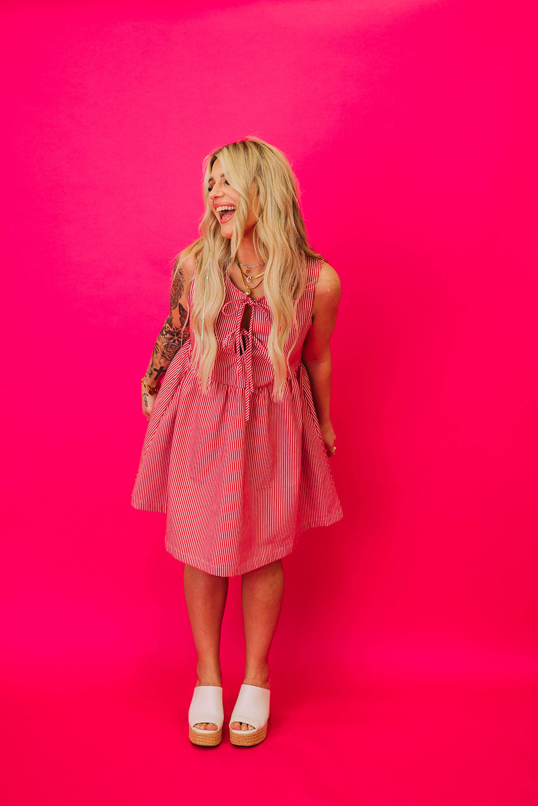 red/ivory stripped dress