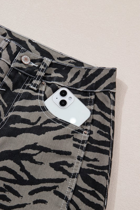 gray zebra denim flares