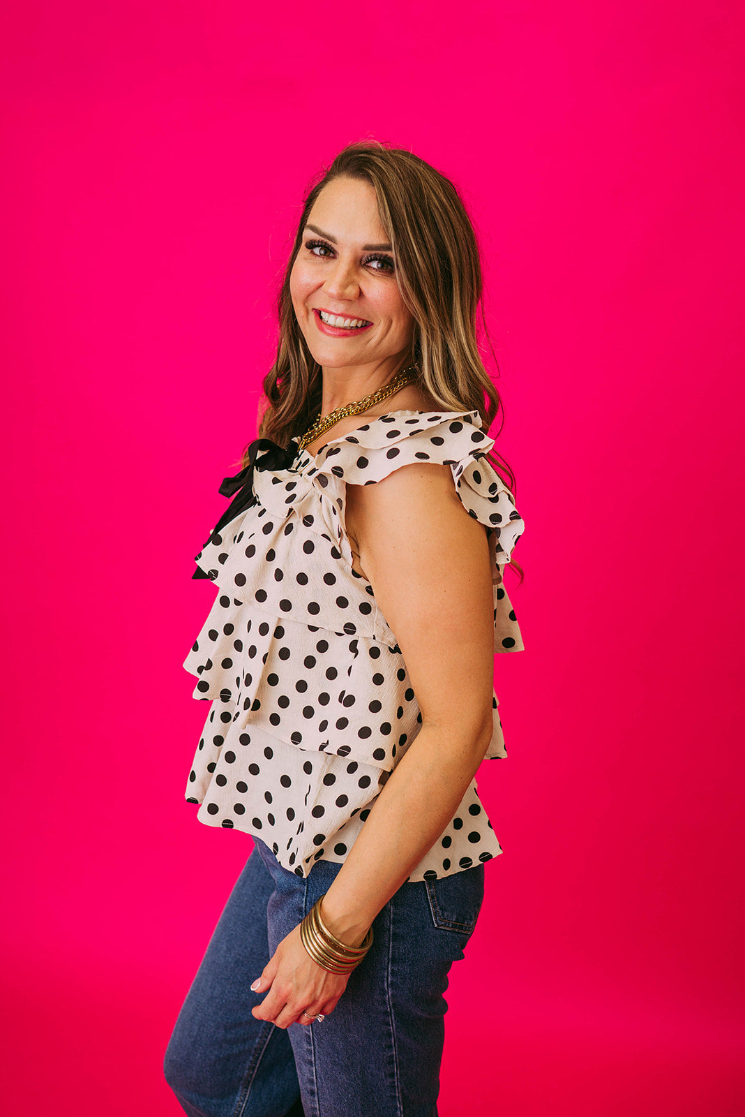 polka dot ruffled square neck top