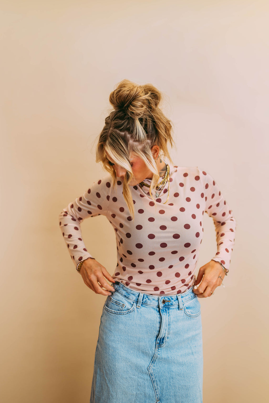 taupe polka dot mesh top