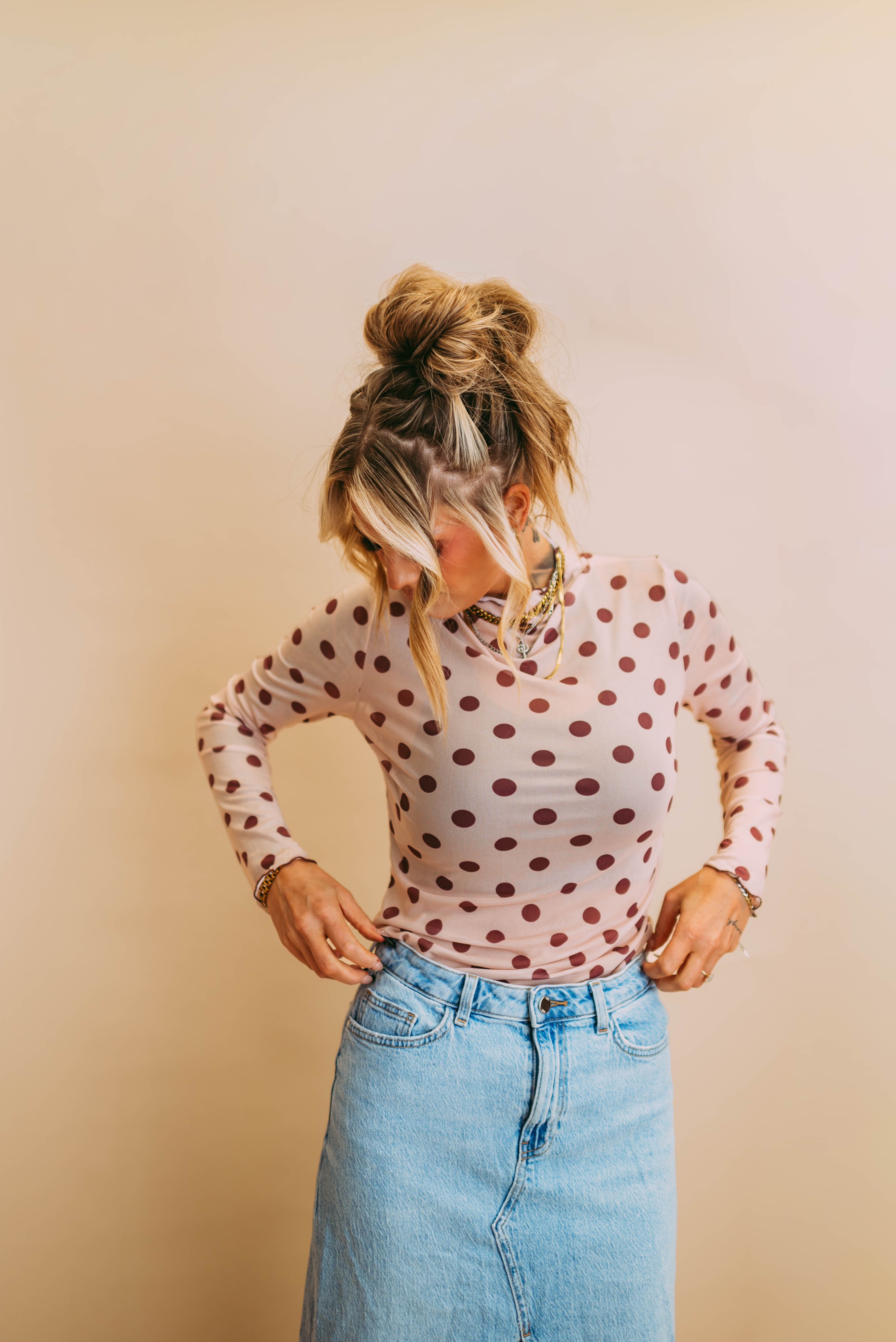 taupe polka dot mesh top