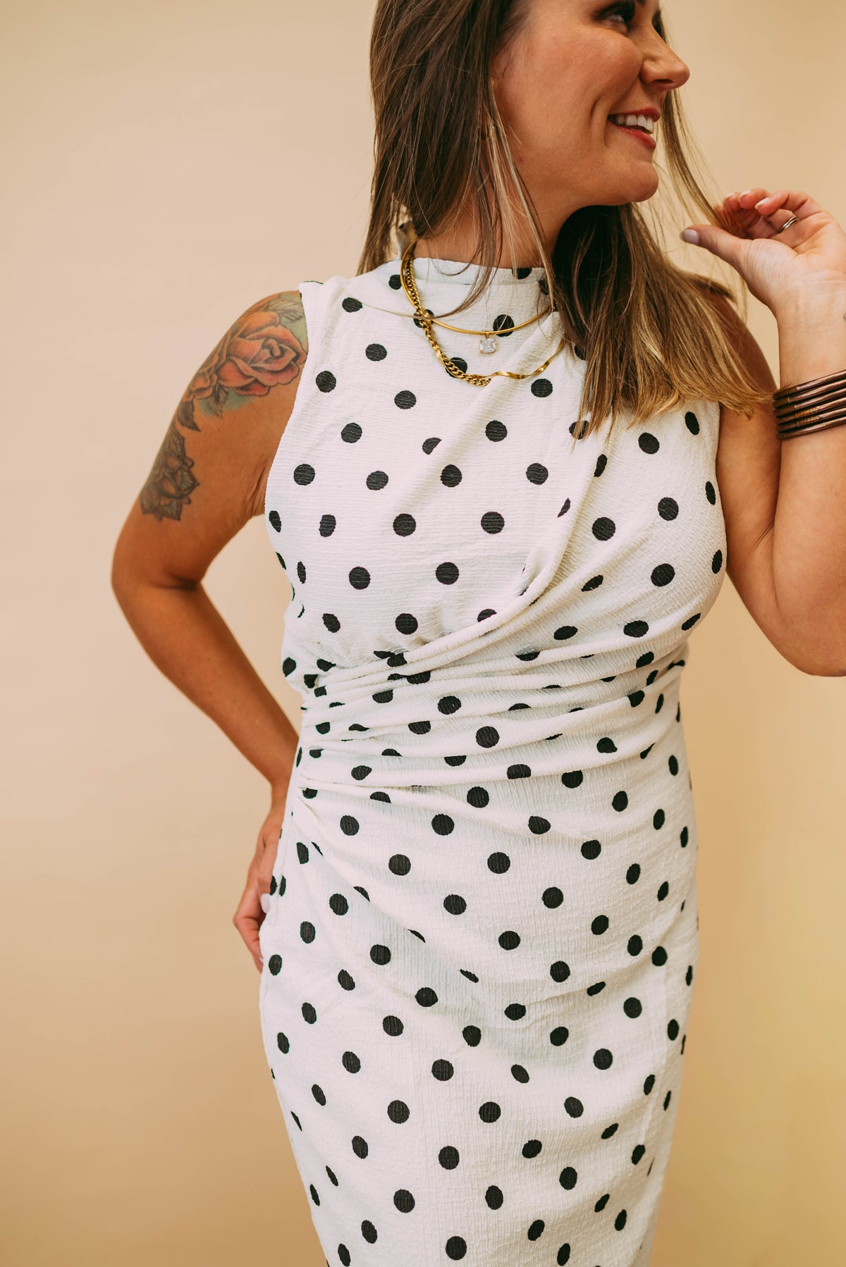 polka dot ruched midi dress