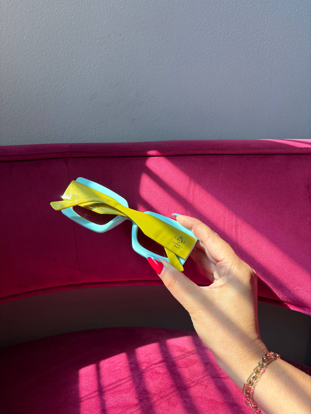 deco sunglasses chartreuse + sky blue