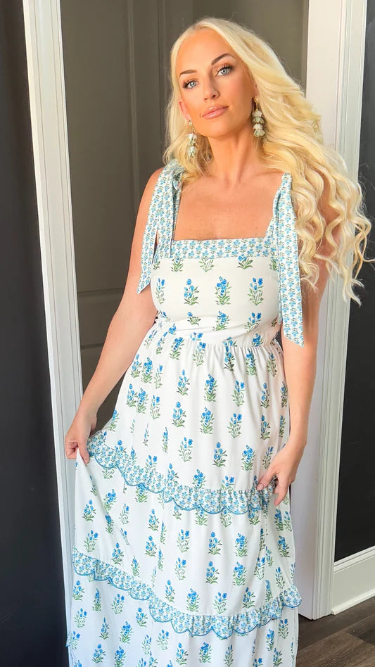Blue Floral Tie Maxi Dress