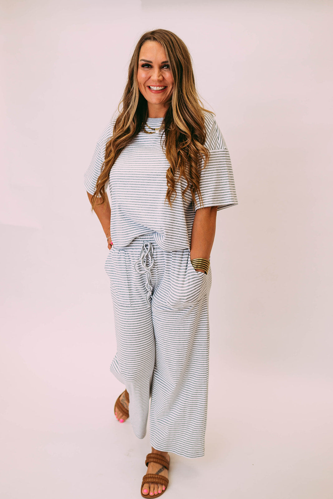 striped knit pants sets