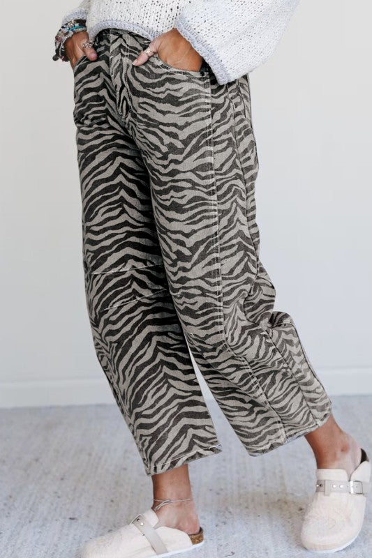 gray zebra denim flares