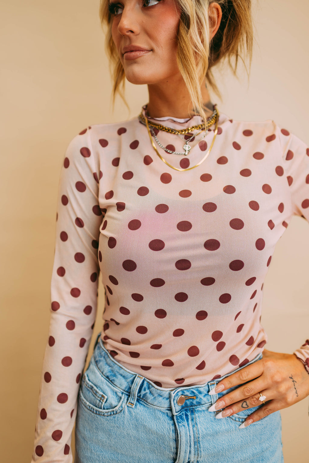taupe polka dot mesh top