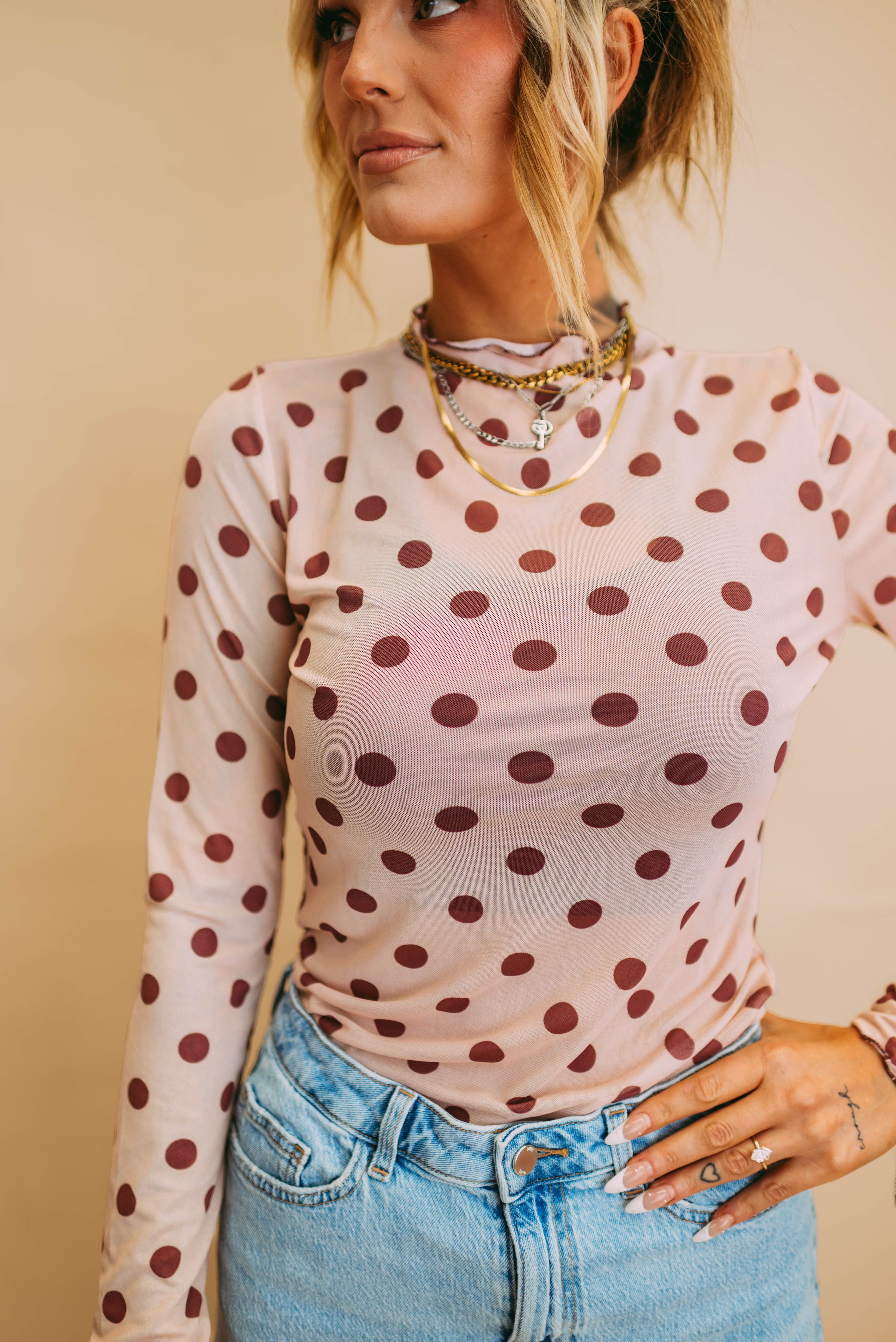 taupe polka dot mesh top