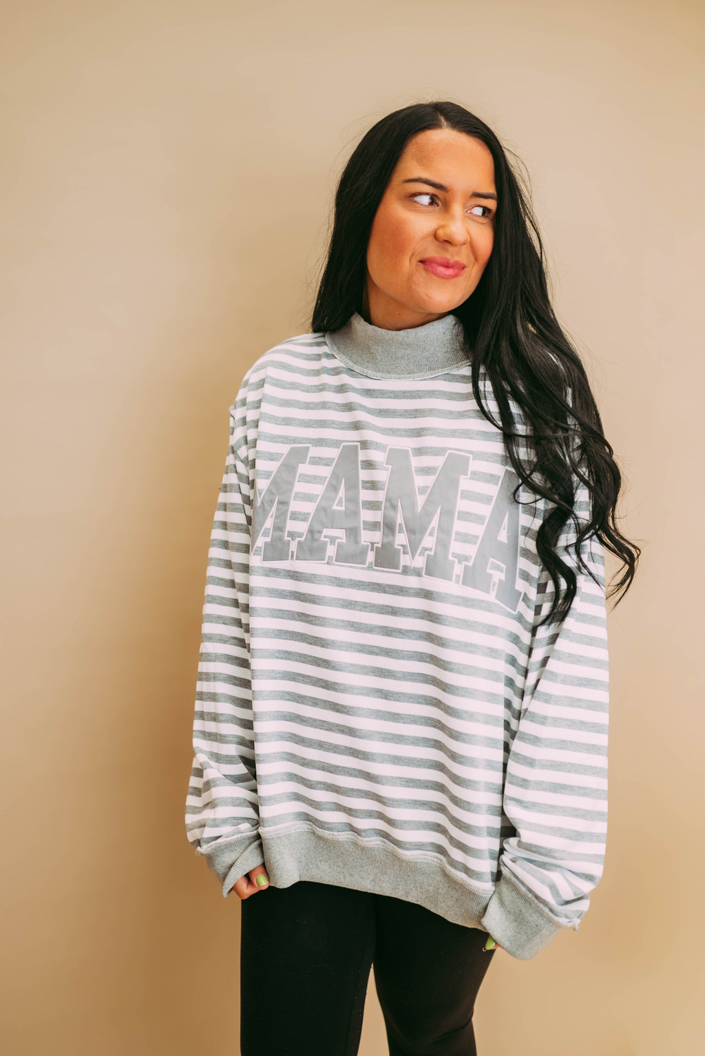 mama embroidered appliqué striped mockneck