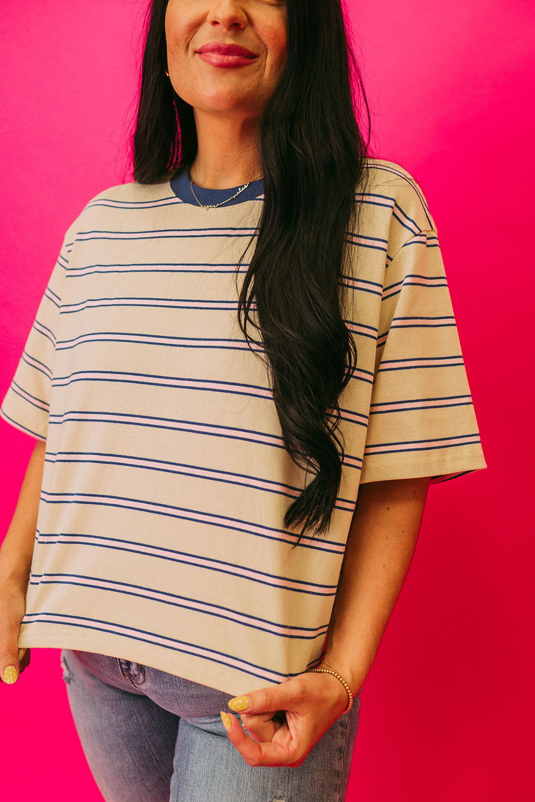 ivory & blue striped cropped tee