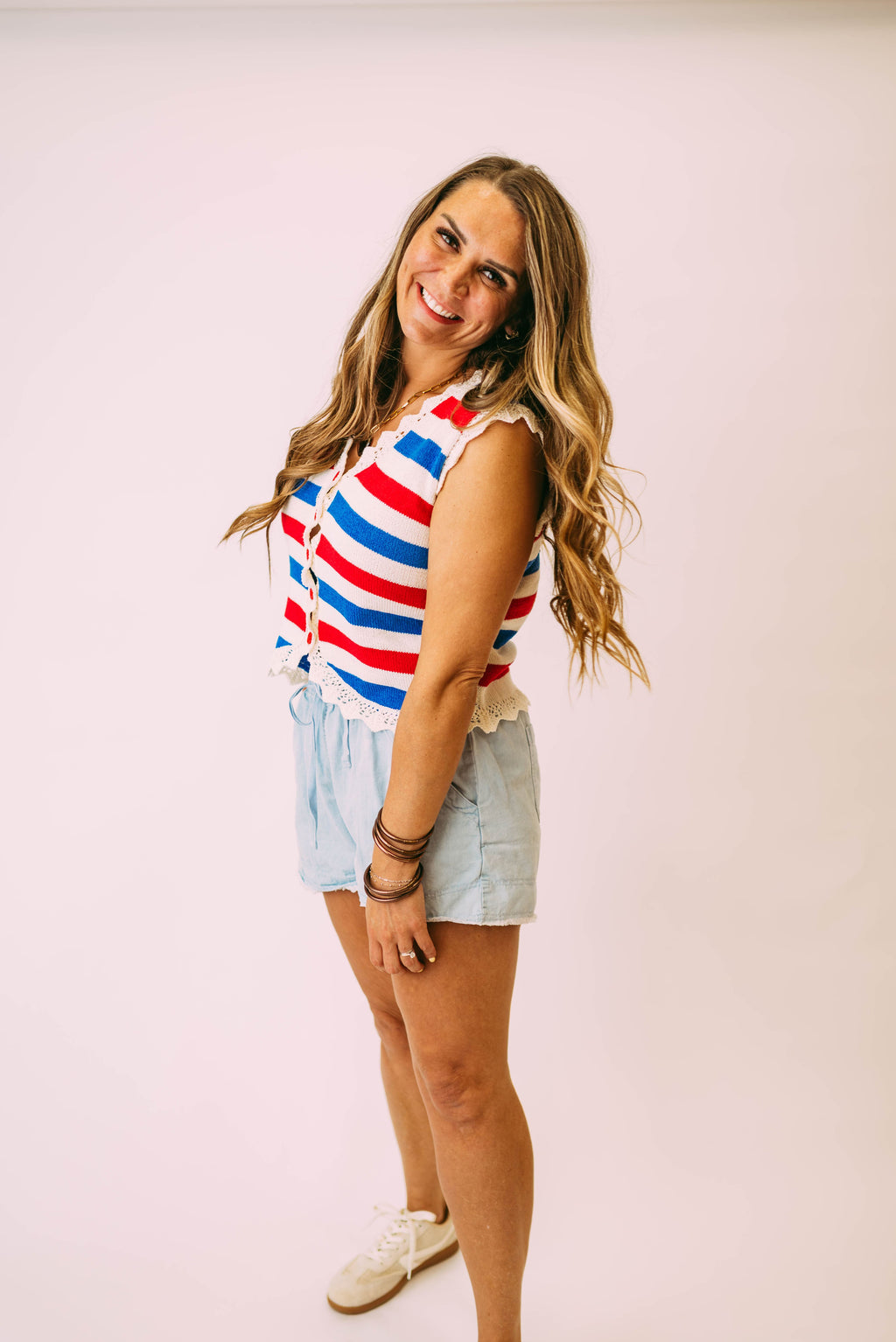 american scalloped button down vest