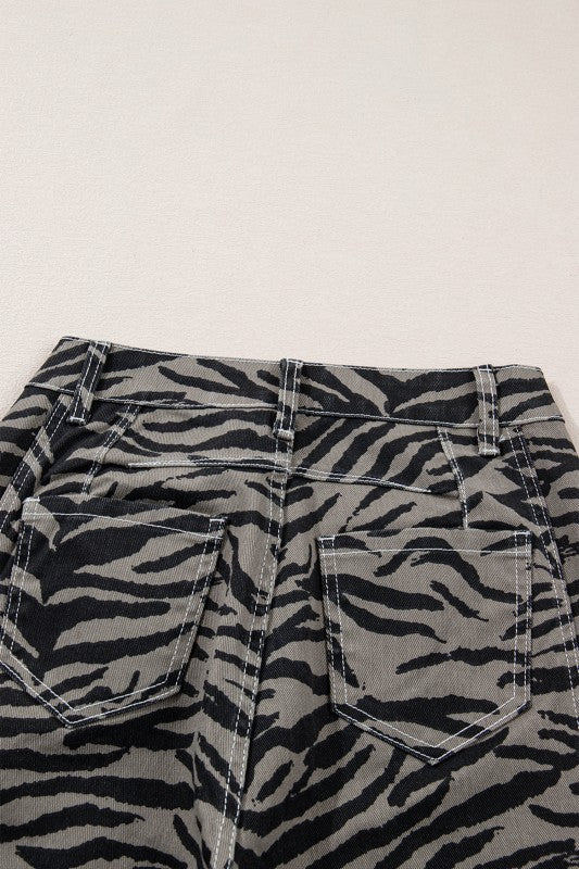 gray zebra denim flares