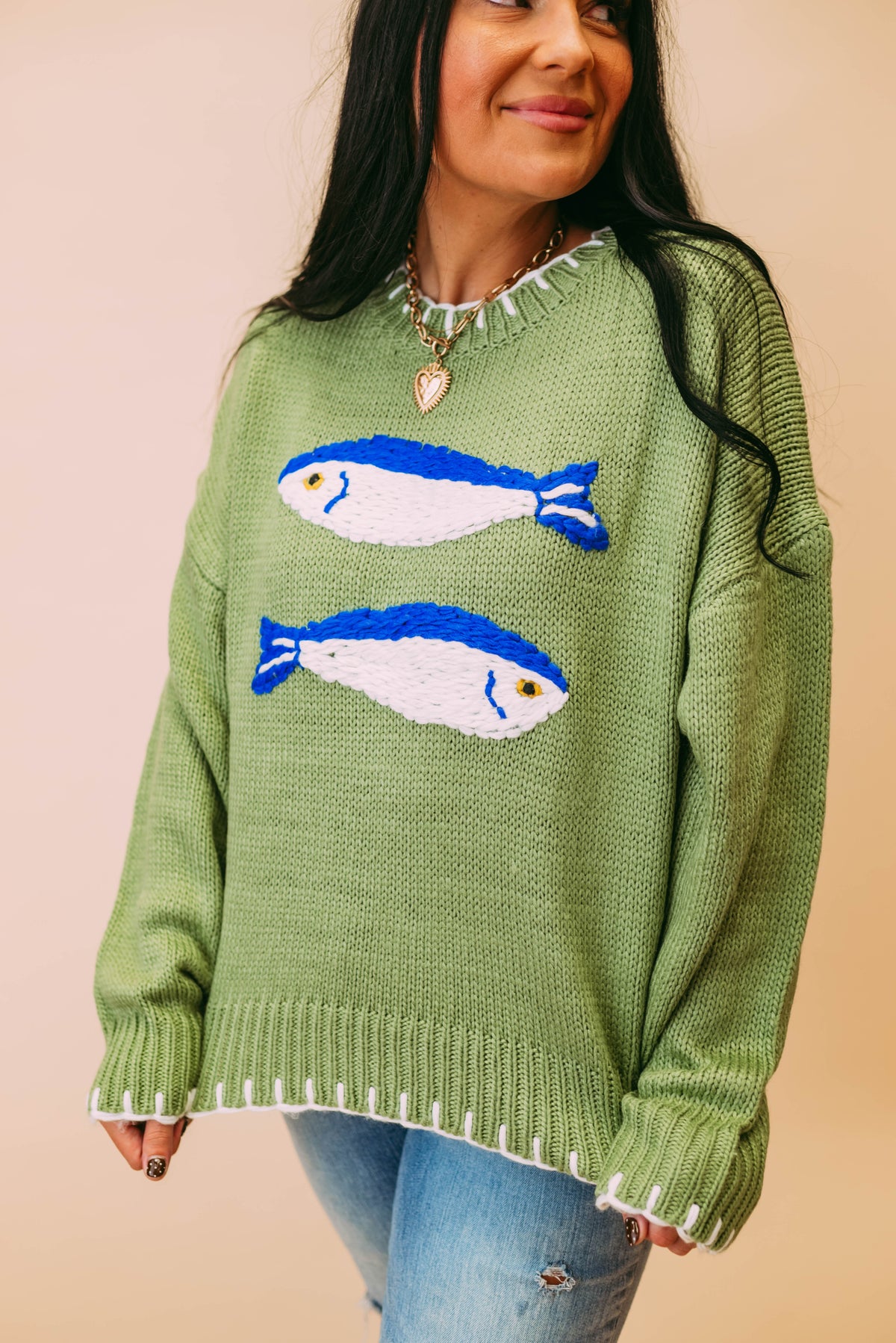 fish embroidered knit sweater