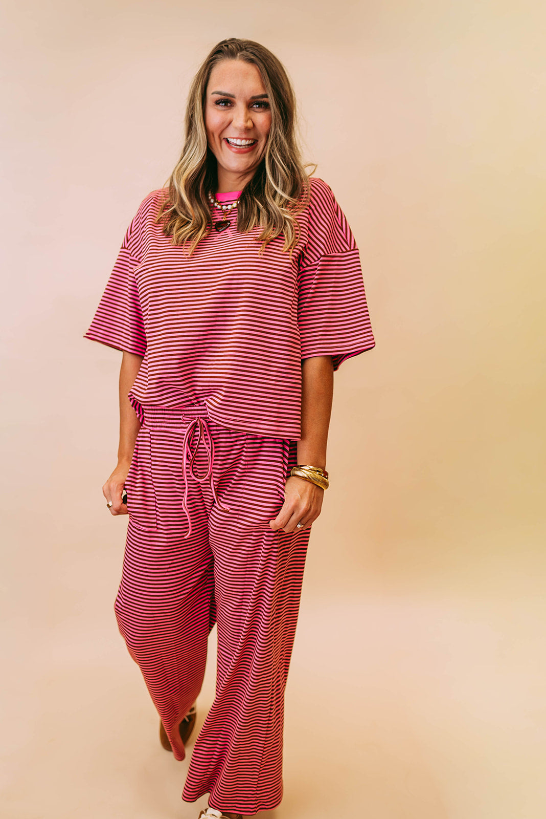 pink & brown stripe knit set