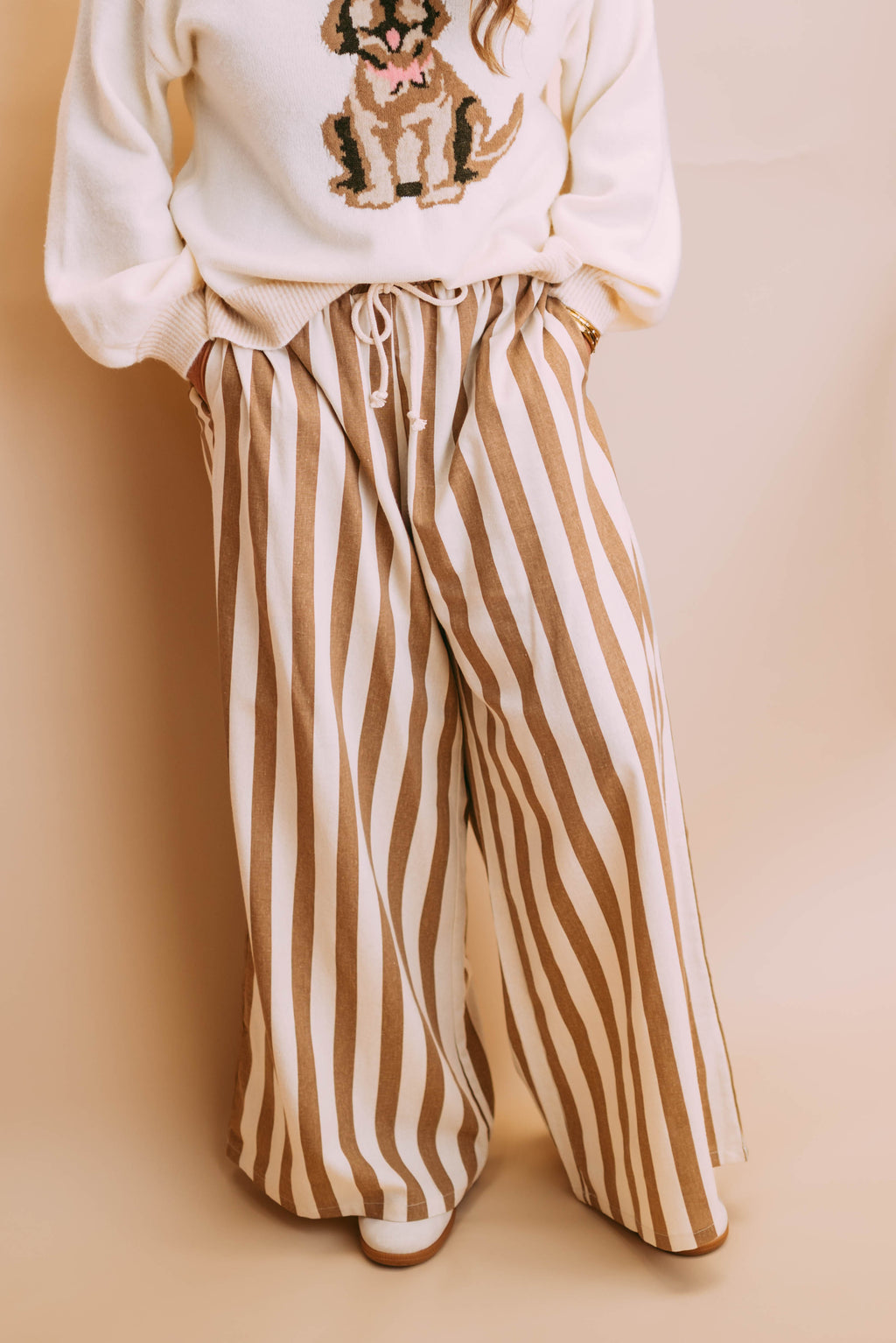 mocha coastal vertical stripe linen blend easy wide leg pants