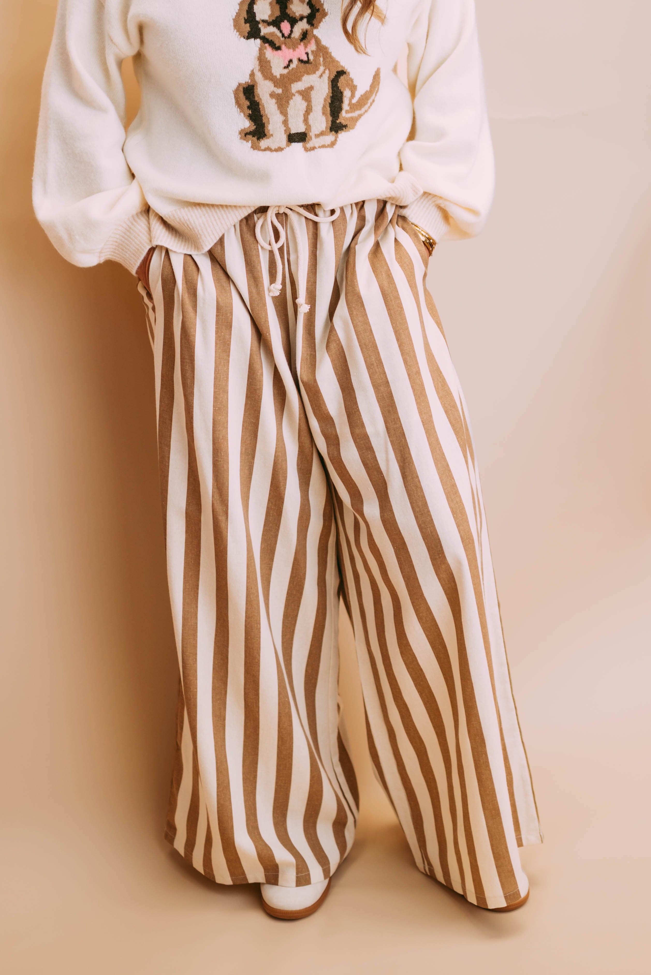 mocha coastal vertical stripe linen blend easy wide leg pants