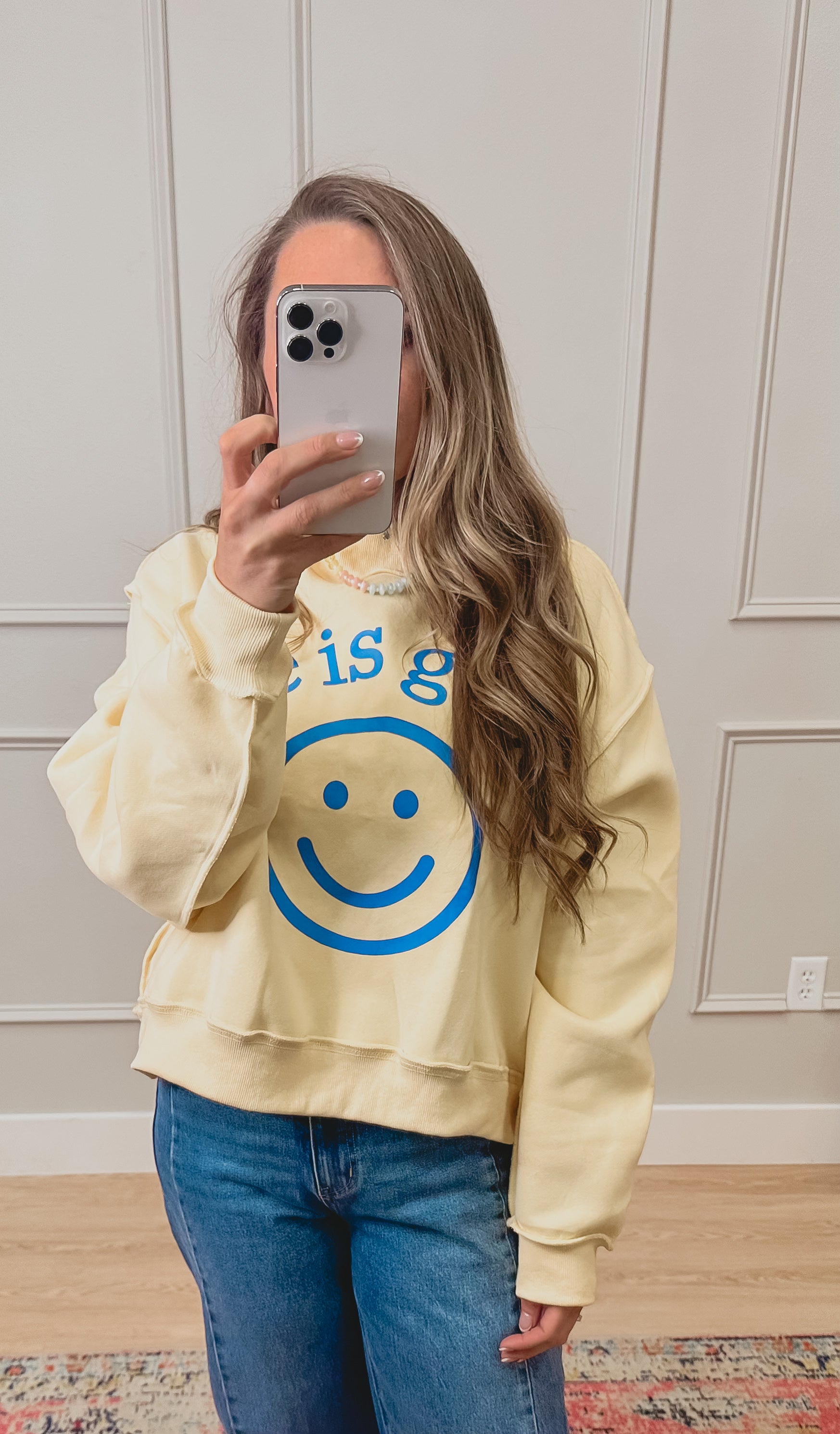 “life is good” / “ you are exactly where you need to be” reversible mockneck sweatshirt