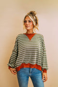 olive/rust stripe pullover knit top