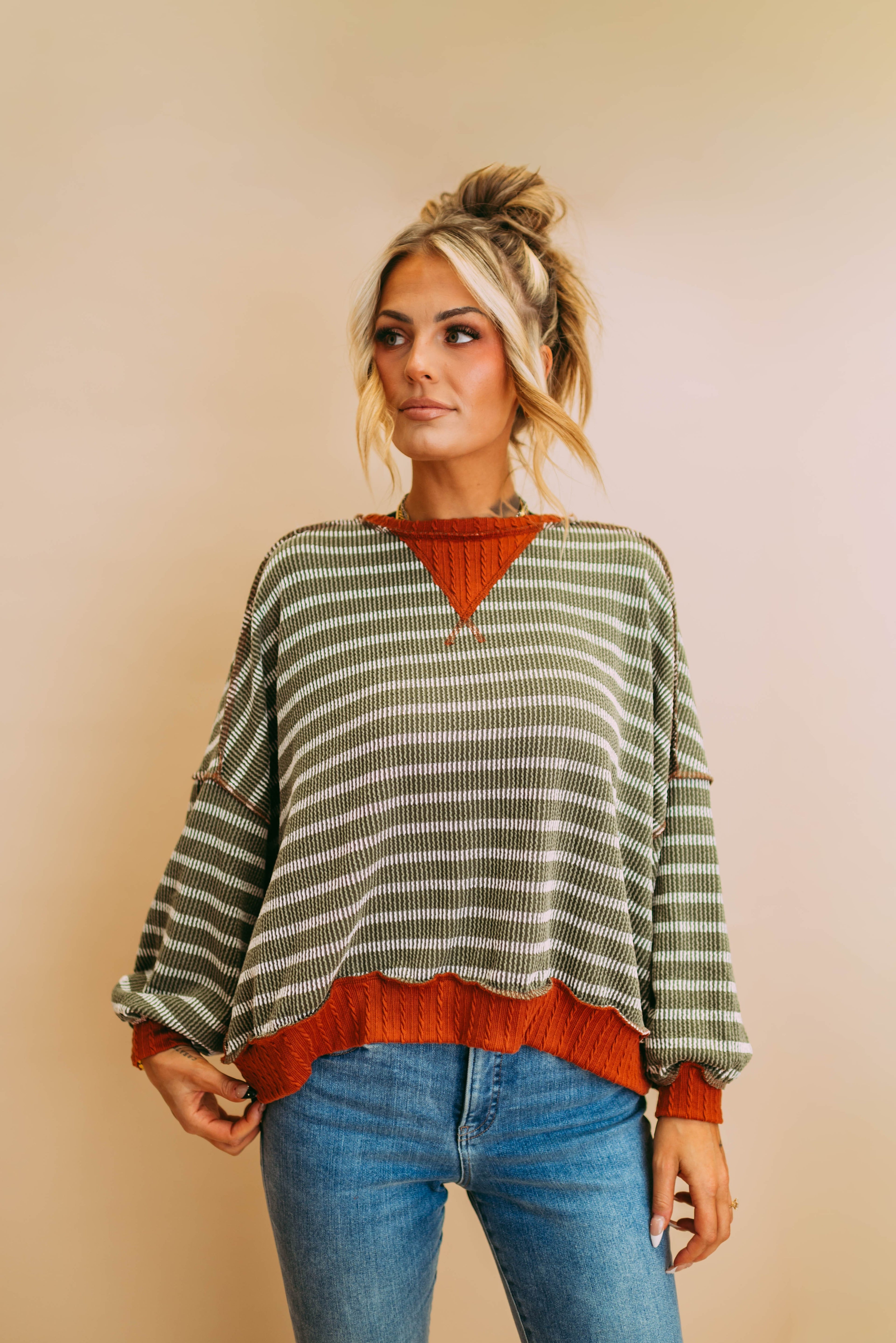 olive/rust stripe pullover knit top