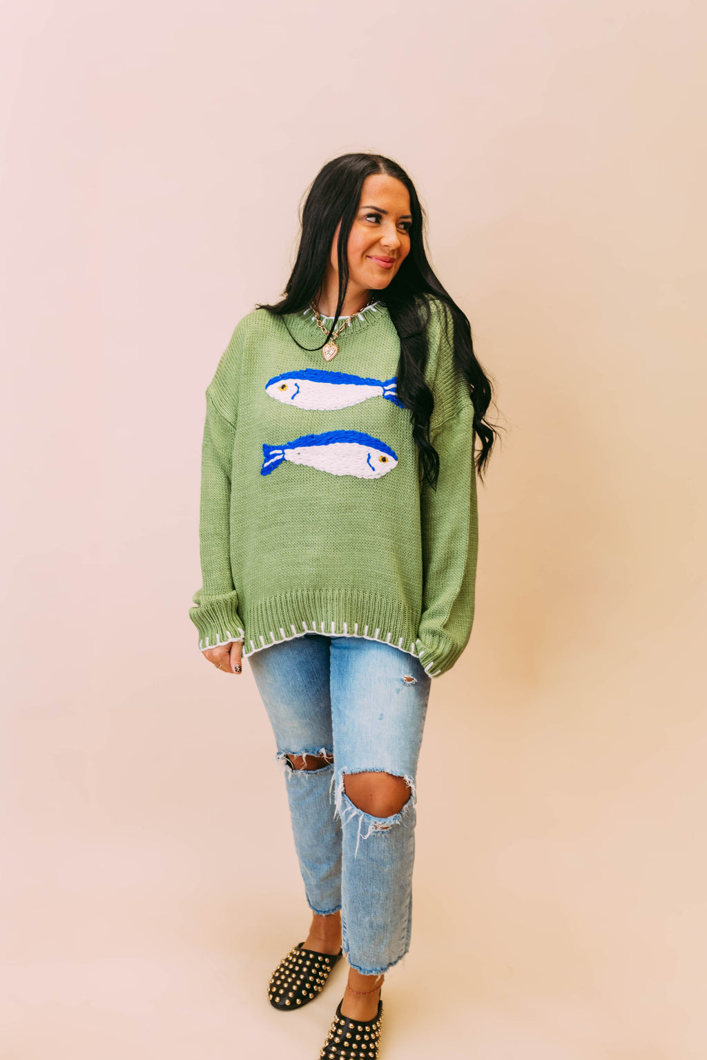 fish embroidered knit sweater