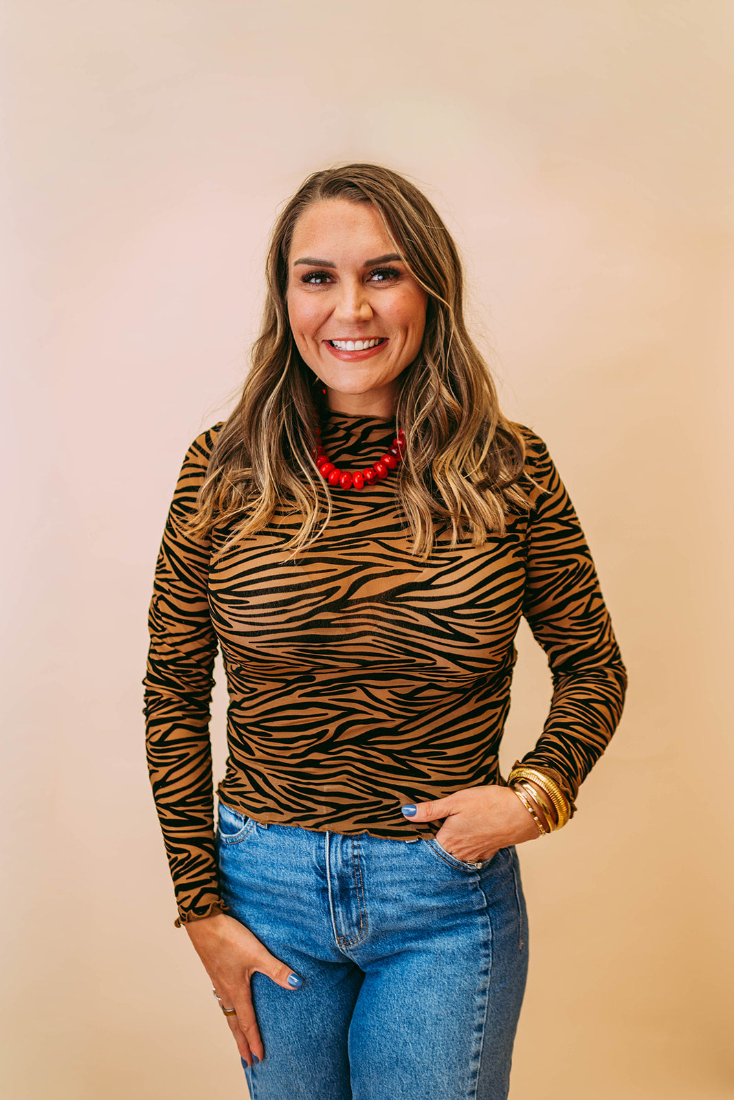 zebra print longsleeve mesh mockneck top