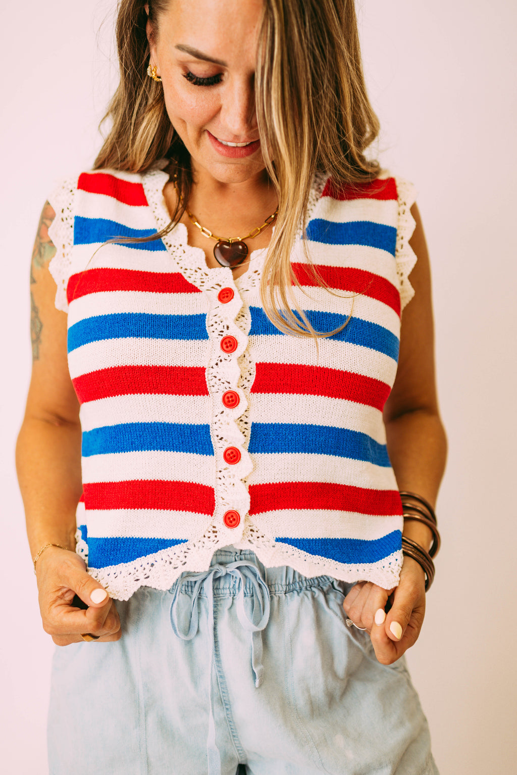 american scalloped button down vest