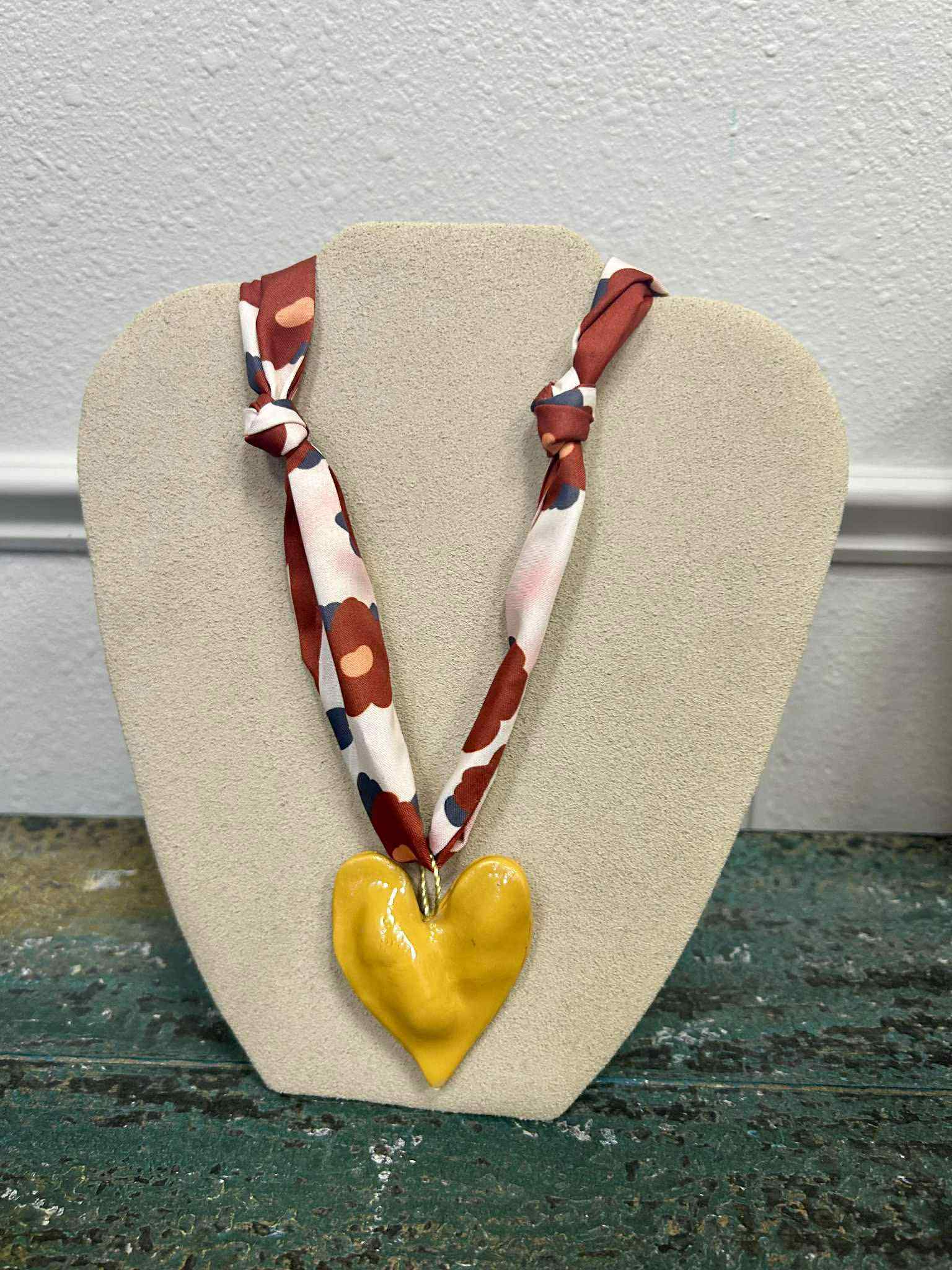 Floral Satin Scarf Necklace with Yellow Heart