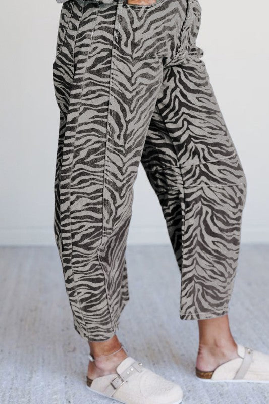gray zebra denim flares