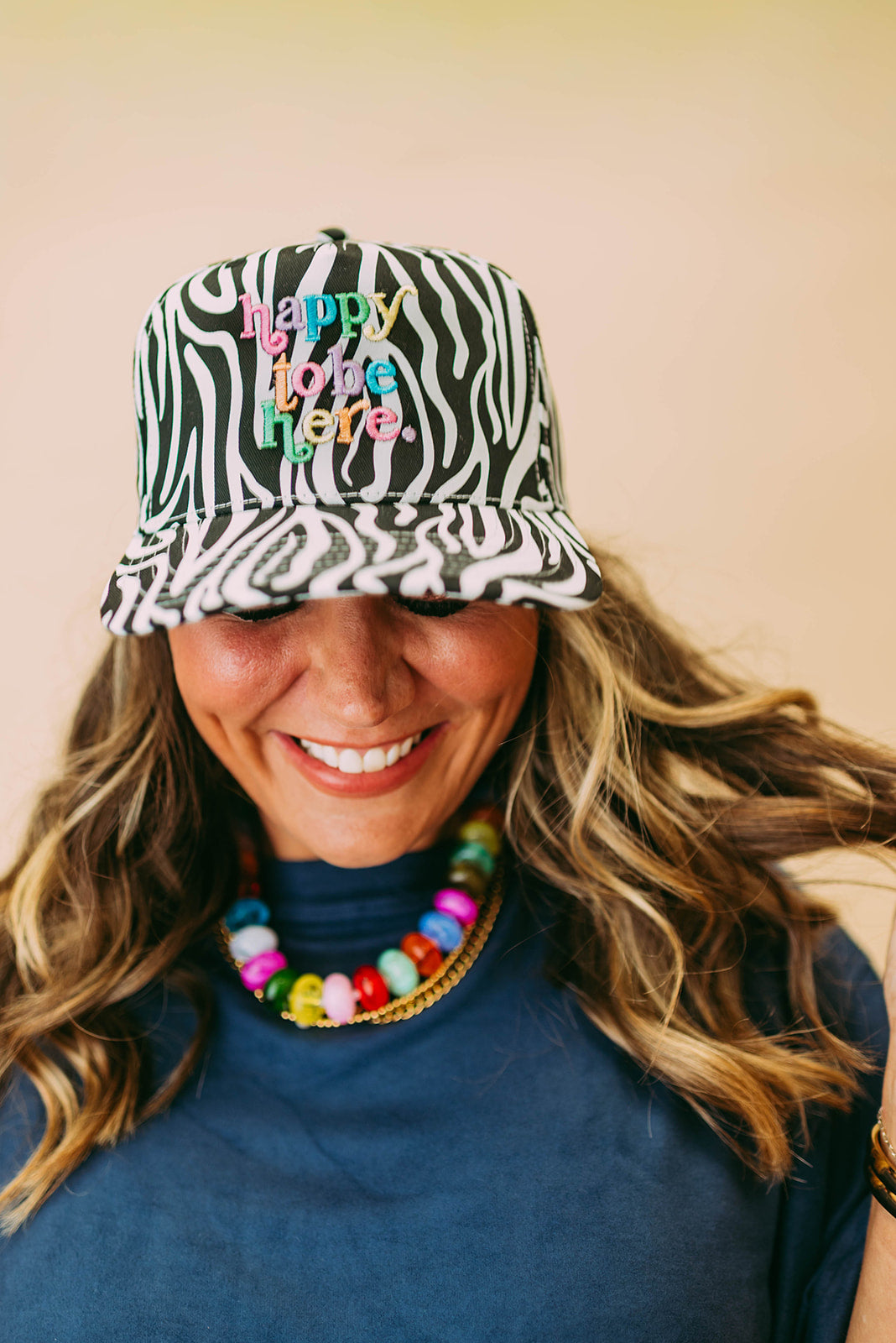 happy to be here zebra trucker hat