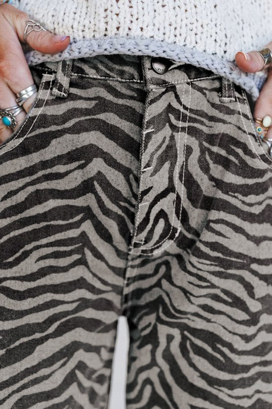 gray zebra denim flares