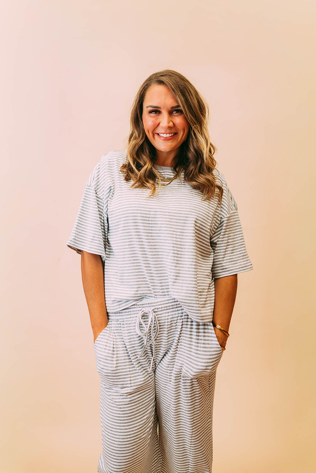 heather grey/white striped knit set