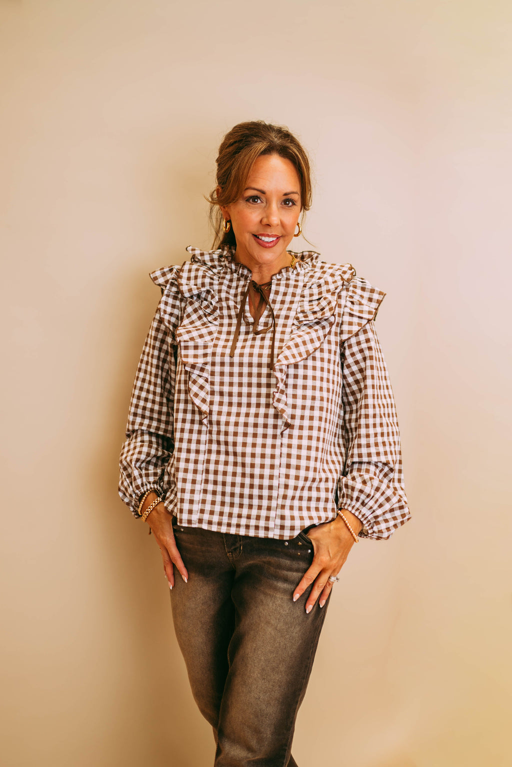 gingham ruffled collar tie blouse
