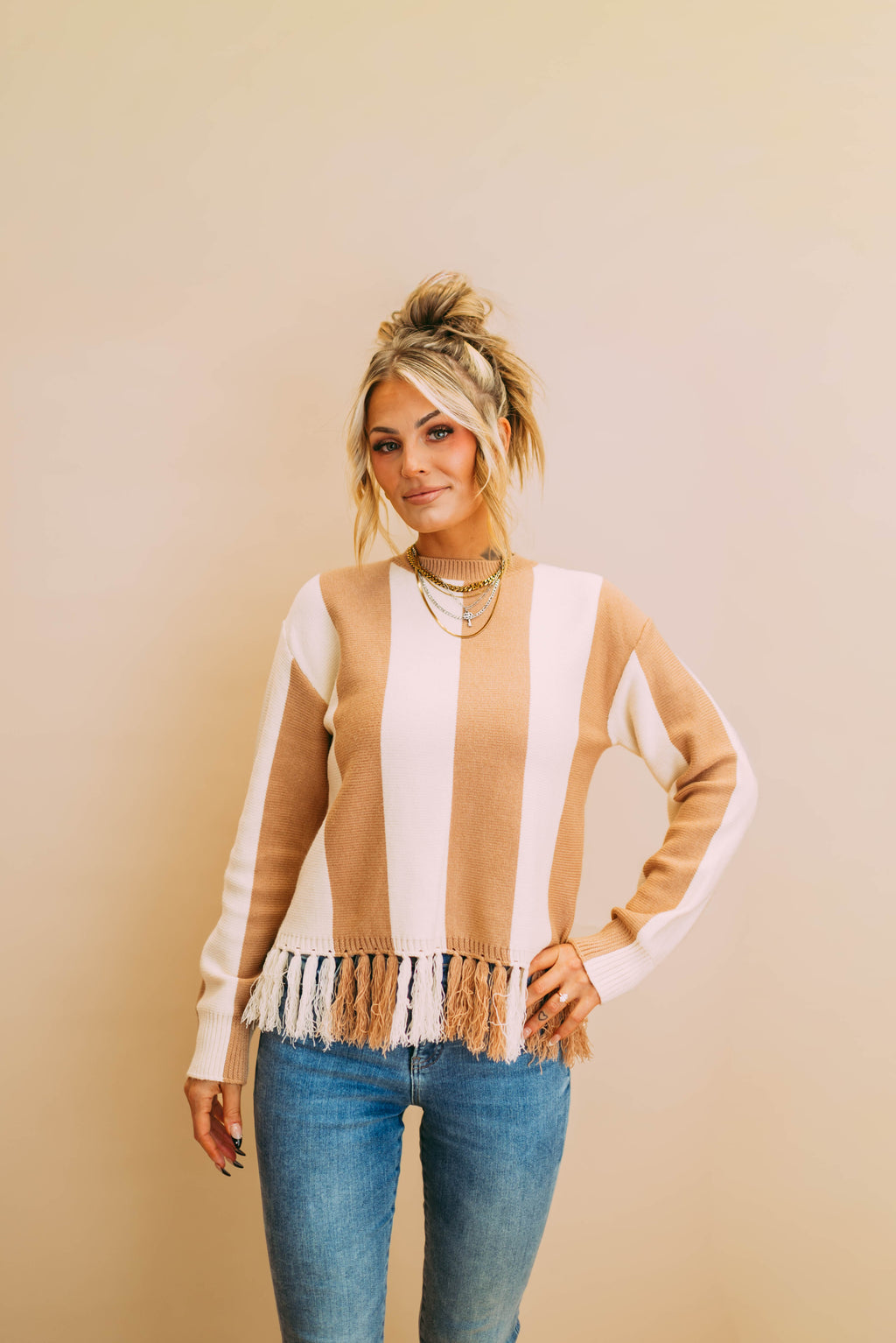colorblock stripe fringe hem knit sweater