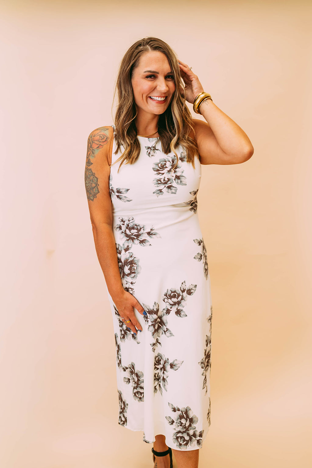 sleeveless grey/cream floral midi bias dress