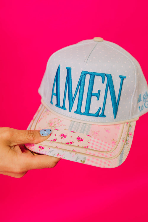 amen embroidered patchwork trucker