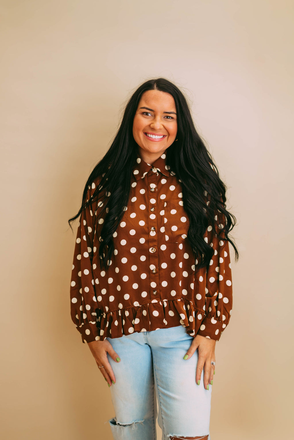 collared button down polka dot peplum top