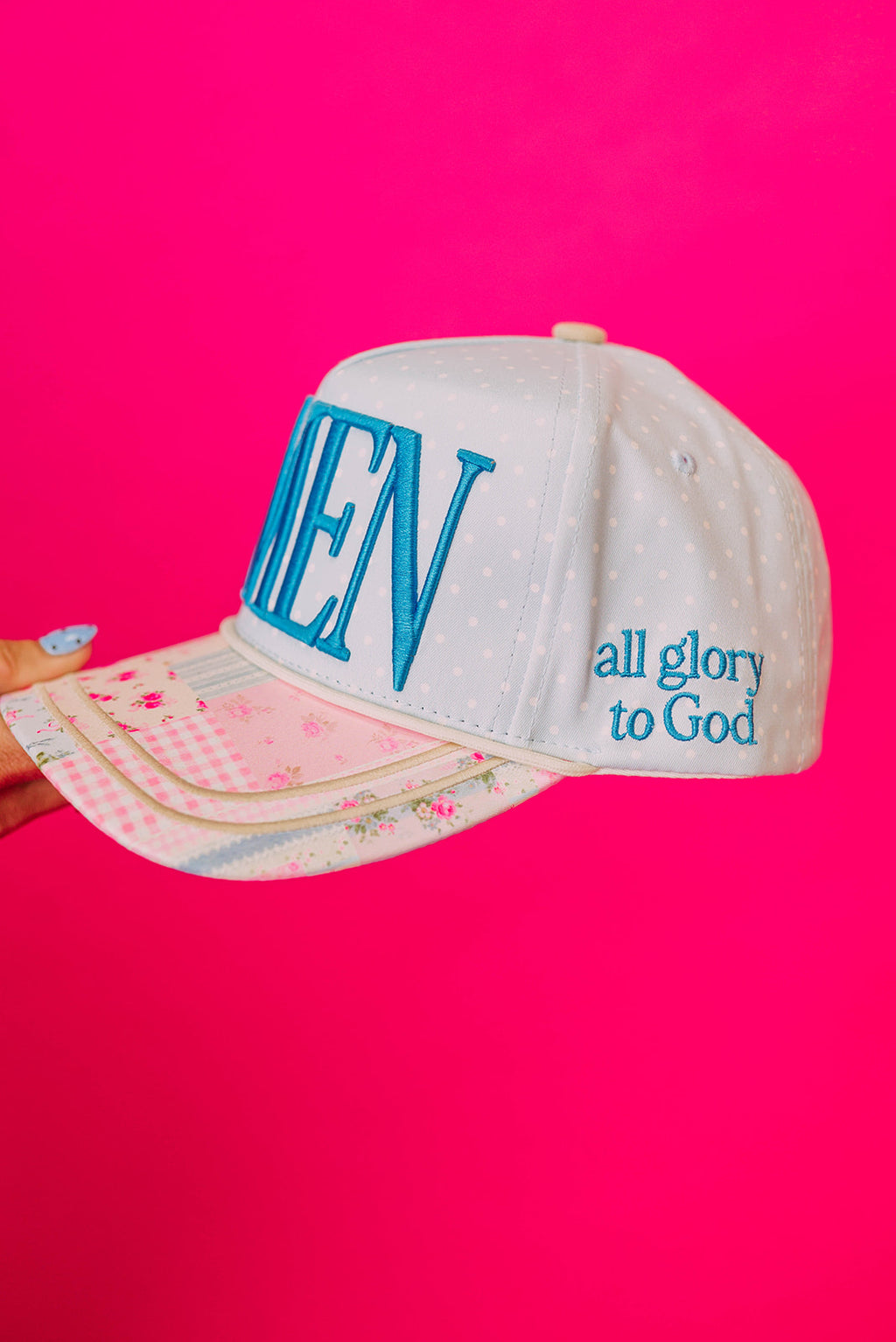 amen embroidered patchwork trucker