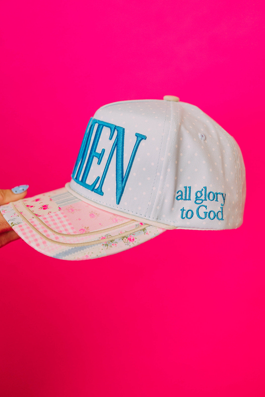 amen embroidered patchwork trucker